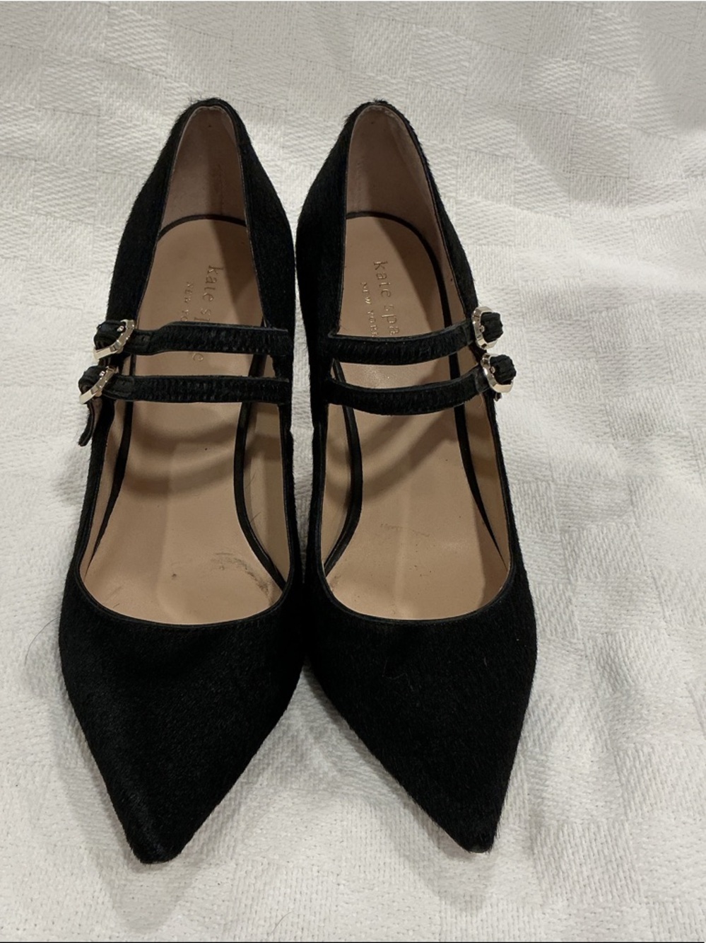 Kate Spade Black Calf Hair Double-Strap Pointed Toe Pumps